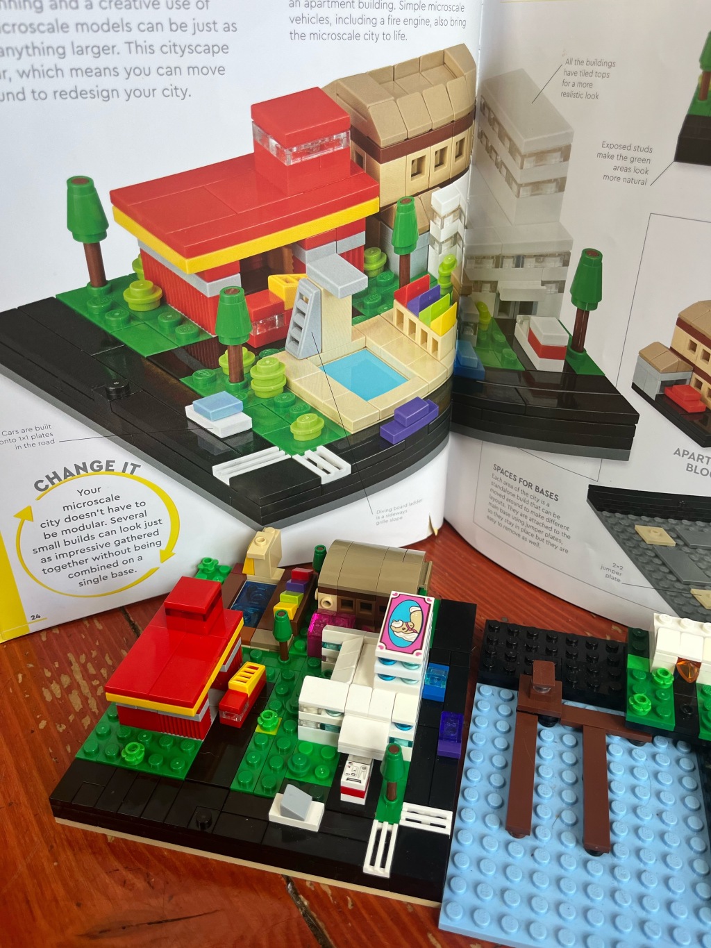 The LEGO Ideas Book New Edition Micro Cityscape page with LEGO building by ten and eight year old kid